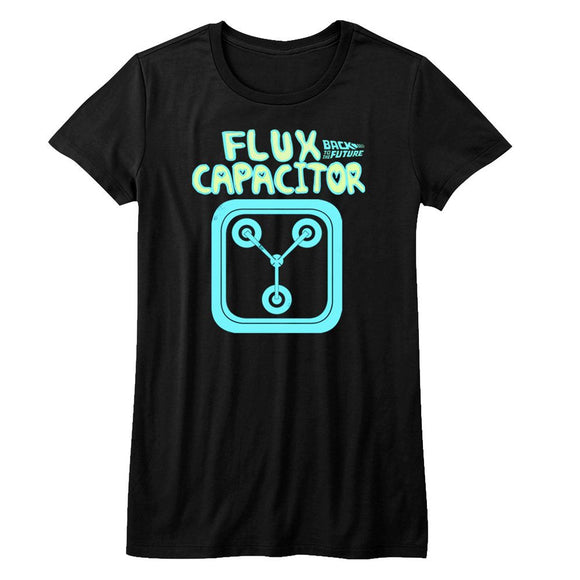 Back to the Future Flux Capacitor Bright Letters Juniors Black T-shirt - Yoga Clothing for You