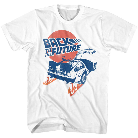 Back to the Future DeLorean Fire Tracks White T-shirt - Yoga Clothing for You