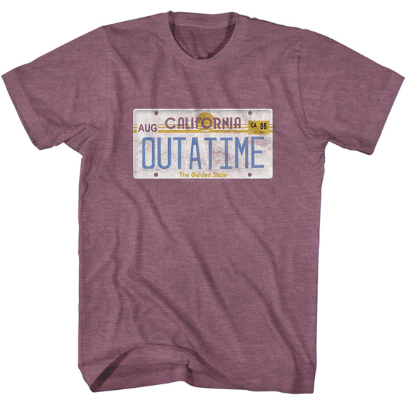 Back to the Future Distressed Outatime License Plate Maroon Heather T-shirt - Yoga Clothing for You