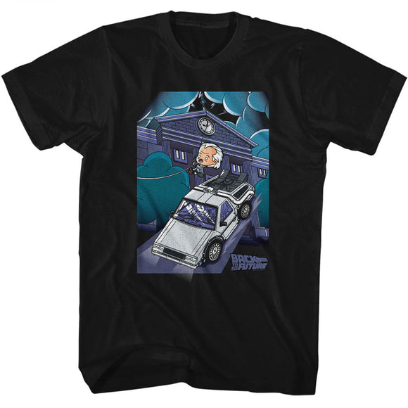 Back to the Future Doc and Clock Tower Cartoon Black Tall T-shirt