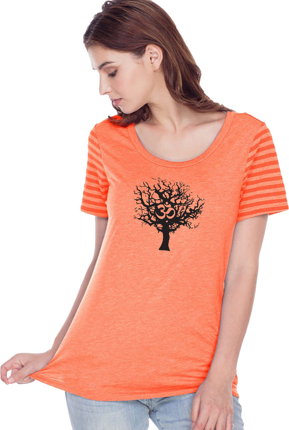 Black Tree of Life Striped Multi-Contrast Yoga Tee Shirt - Yoga Clothing for You