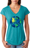 Ladies Peace Sign T-shirt Blue Earth Triblend V-Neck - Yoga Clothing for You