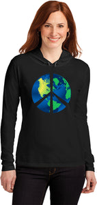 Ladies Peace Sign T-shirt Blue Earth Hooded Shirt - Yoga Clothing for You