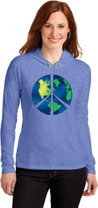 Ladies Peace Sign T-shirt Blue Earth Hooded Shirt - Yoga Clothing for You