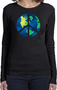 Ladies Peace Sign T-shirt Blue Earth Long Sleeve - Yoga Clothing for You