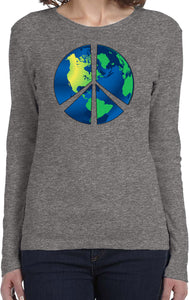 Ladies Peace Sign T-shirt Blue Earth Long Sleeve - Yoga Clothing for You