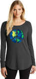 Ladies Peace Sign T-shirt Blue Earth Tri Blend Long Sleeve - Yoga Clothing for You