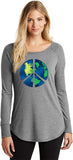 Ladies Peace Sign T-shirt Blue Earth Tri Blend Long Sleeve - Yoga Clothing for You
