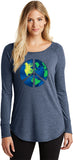 Ladies Peace Sign T-shirt Blue Earth Tri Blend Long Sleeve - Yoga Clothing for You