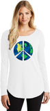 Ladies Peace Sign T-shirt Blue Earth Tri Blend Long Sleeve - Yoga Clothing for You