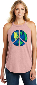 Ladies Peace Sign Tank Top Blue Earth Tri Rocker Tanktop - Yoga Clothing for You