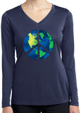 Ladies Peace Sign T-shirt Blue Earth Dry Wicking Long Sleeve - Yoga Clothing for You