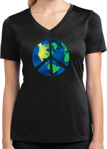 Ladies Peace Sign T-shirt Blue Earth Moisture Wicking V-Neck - Yoga Clothing for You