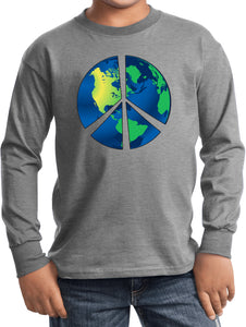 Kids Peace Sign T-shirt Blue Earth Youth Long Sleeve - Yoga Clothing for You