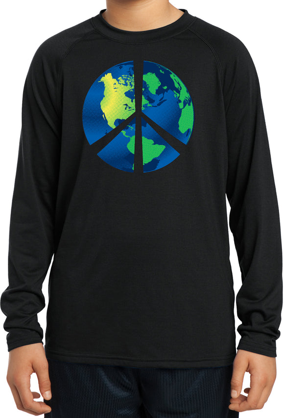 Kids Peace Sign T-shirt Blue Earth Youth Dry Wicking Long Sleeve - Yoga Clothing for You