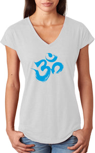 Aqua Brushstroke AUM Triblend V-neck Yoga Tee Shirt - Yoga Clothing for You