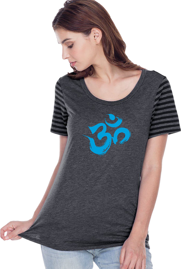 Aqua Brushstroke AUM Striped Multi-Contrast Yoga Tee Shirt - Yoga Clothing for You