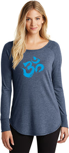 Aqua Brushstroke AUM Triblend Long Sleeve Tunic Yoga Shirt - Yoga Clothing for You