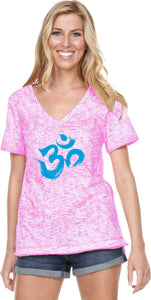 Aqua Brushstroke AUM Burnout V-neck Yoga Tee Shirt - Yoga Clothing for You