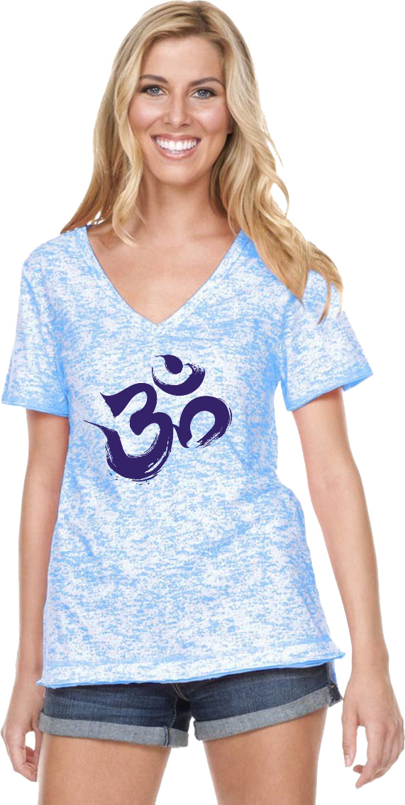 Purple Brushstroke AUM Burnout V-neck Yoga Tee Shirt - Yoga Clothing for You