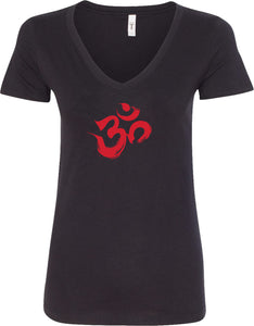 Red Brushstroke AUM Ideal V-neck Yoga Tee Shirt - Yoga Clothing for You