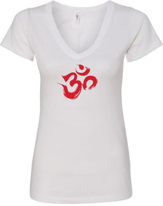 Red Brushstroke AUM Ideal V-neck Yoga Tee Shirt - Yoga Clothing for You