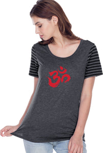 Red Brushstroke AUM Striped Multi-Contrast Yoga Tee Shirt - Yoga Clothing for You
