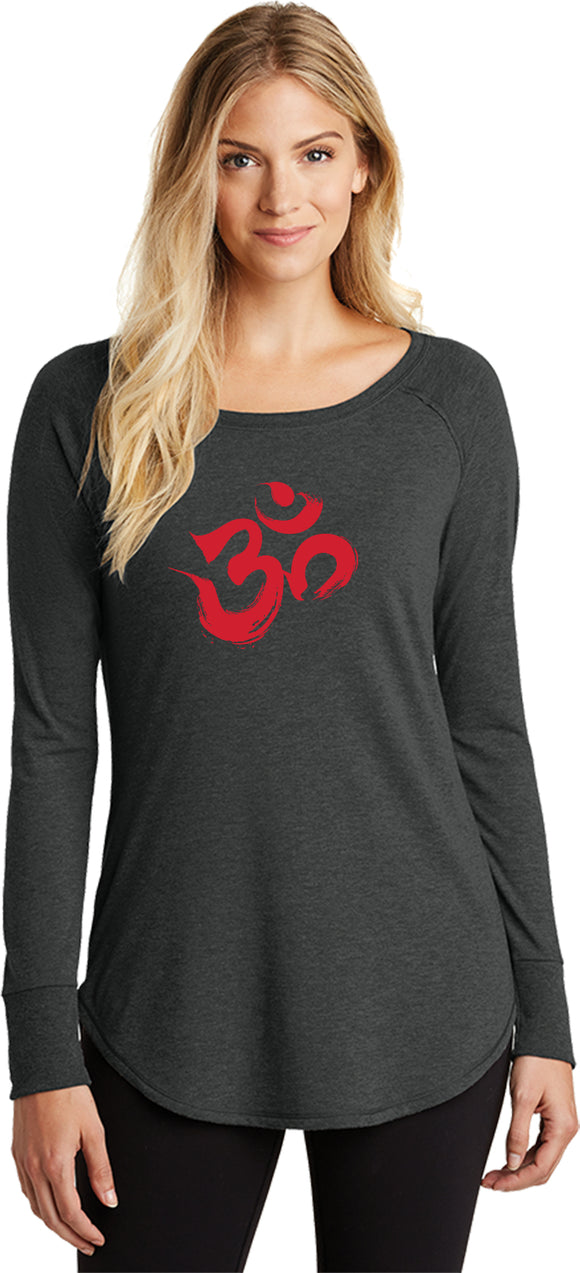 Red Brushstroke AUM Triblend Long Sleeve Tunic Yoga Shirt - Yoga Clothing for You