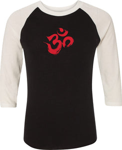 Red Brushstroke AUM Eco Raglan 3/4 Sleeve Yoga Tee Shirt - Yoga Clothing for You