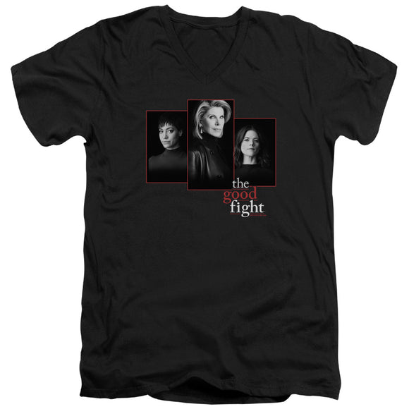 The Good Fight Slim Fit V-Neck T-Shirt Cast Headshots Black Tee - Yoga Clothing for You