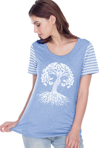 White Celtic Tree Striped Multi-Contrast Yoga Tee Shirt - Yoga Clothing for You