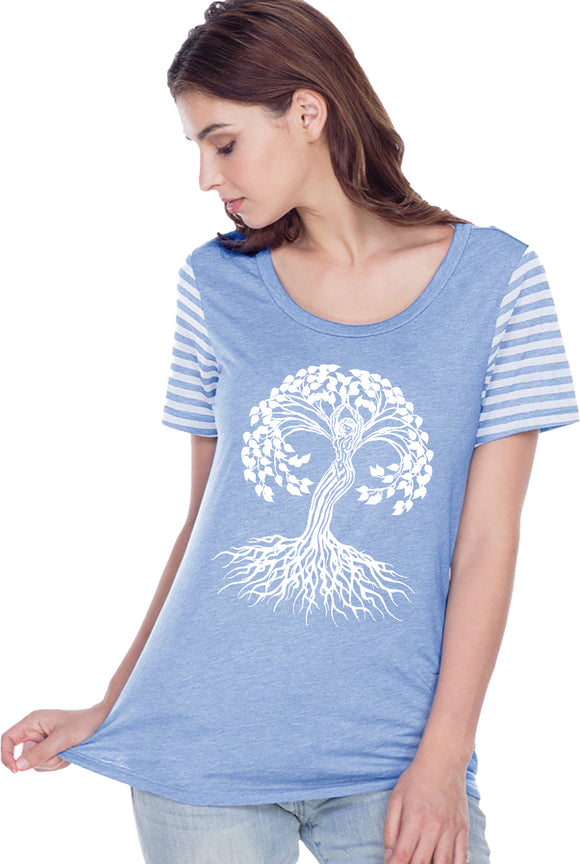 White Celtic Tree Striped Multi-Contrast Yoga Tee Shirt - Yoga Clothing for You