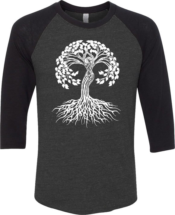 White Celtic Tree Eco Raglan 3/4 Sleeve Yoga Tee Shirt - Yoga Clothing for You