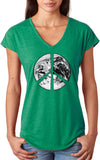 Ladies Peace T-shirt Earth Satellite Symbol Triblend V-Neck - Yoga Clothing for You