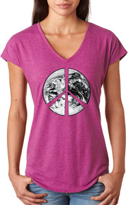 Ladies Peace T-shirt Earth Satellite Symbol Triblend V-Neck - Yoga Clothing for You