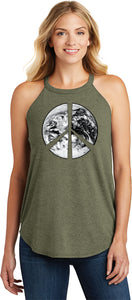 Ladies Peace Tank Top Earth Satellite Symbol Tri Rocker Tanktop - Yoga Clothing for You