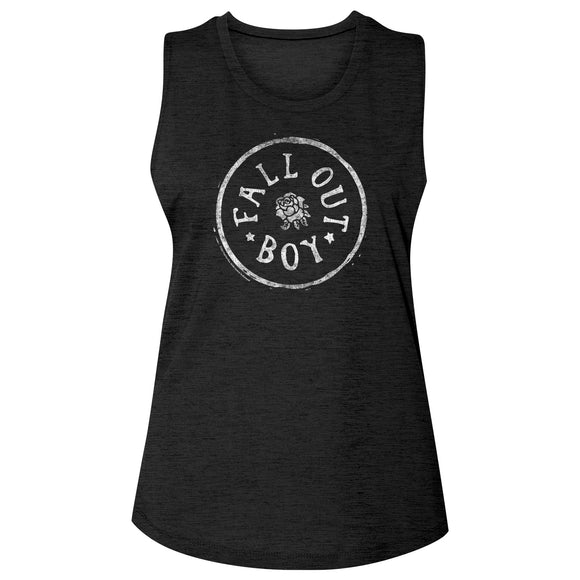 Fall Out Boy Distressed Circle Rose Logo Ladies Sleeveless Crew Neck Slub Tee Shirt - Yoga Clothing for You
