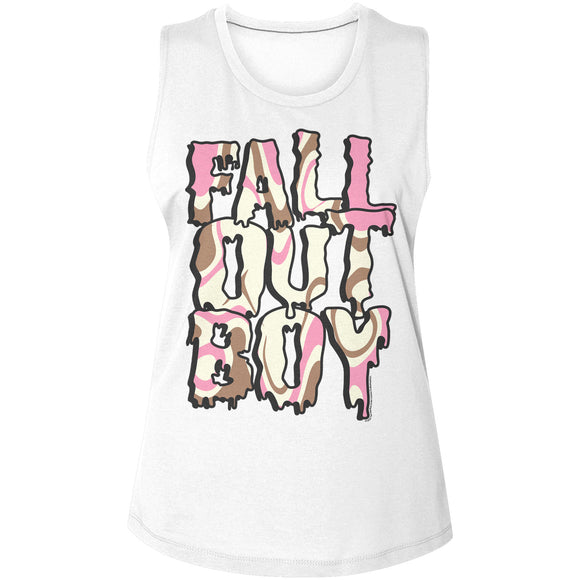 Fall Out Boy Neapolitan Melting Logo Ladies Sleeveless Muscle White Tank Top - Yoga Clothing for You
