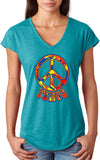 Ladies Peace T-shirt Funky 70's Peace Sign Triblend V-Neck - Yoga Clothing for You