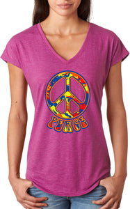 Ladies Peace T-shirt Funky 70's Peace Sign Triblend V-Neck - Yoga Clothing for You