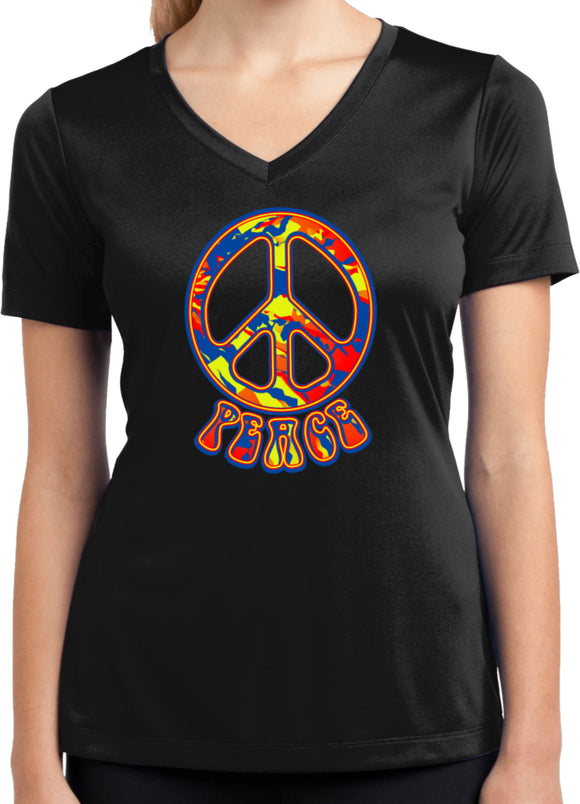 Ladies Peace T-shirt Funky 70's Peace Sign Dry Wicking V-Neck - Yoga Clothing for You