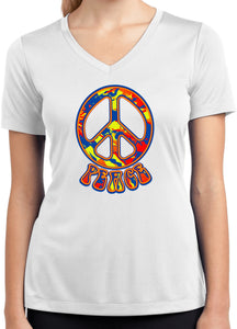 Ladies Peace T-shirt Funky 70's Peace Sign Dry Wicking V-Neck - Yoga Clothing for You