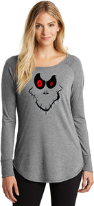 Ladies Halloween T-shirt Ghost Face Tri Blend Long Sleeve - Yoga Clothing for You