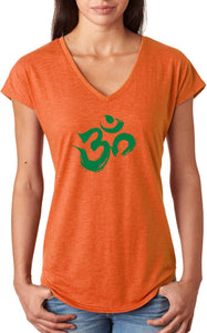 Green Brushstroke AUM Triblend V-neck Yoga Tee Shirt - Yoga Clothing for You