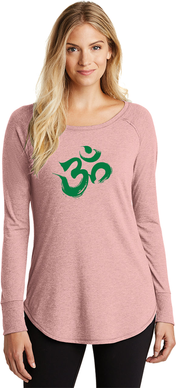 Green Brushstroke AUM Triblend Long Sleeve Tunic Shirt - Yoga Clothing for You