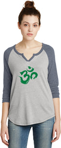 Green Brushstroke AUM 3/4 Sleeve Vintage Yoga Tee Shirt - Yoga Clothing for You