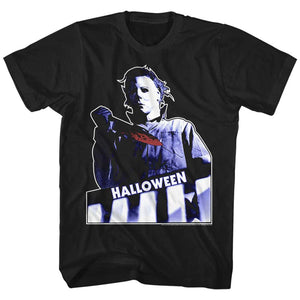 Halloween Tall T-Shirt Michael Myers Holding Bloody Knife Black Tee - Yoga Clothing for You