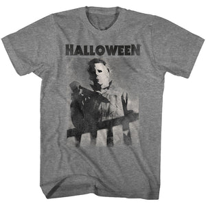 Halloween T-Shirt Michael Myers Over The Banister Graphite Heather Tee - Yoga Clothing for You