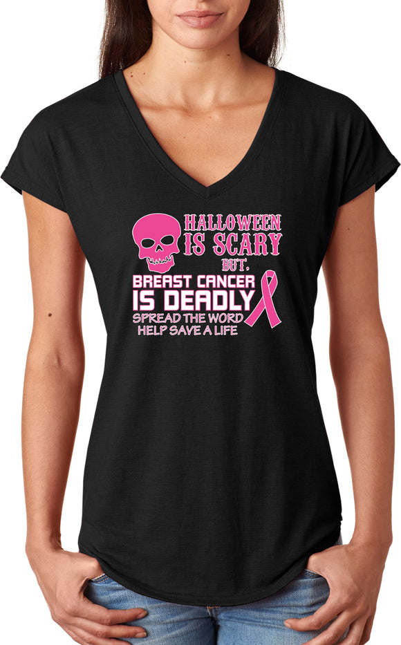 Ladies Breast Cancer T-shirt Halloween Scary Triblend V-Neck - Yoga Clothing for You