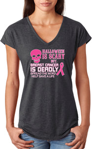 Ladies Breast Cancer T-shirt Halloween Scary Triblend V-Neck - Yoga Clothing for You